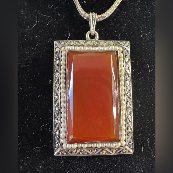 ANTIQUE GERMAN STERLING CARNELIAN EMERLD CUT PENDANT & UNIQUE 18” CHAIN ~13.29g - Picture 4 of 13